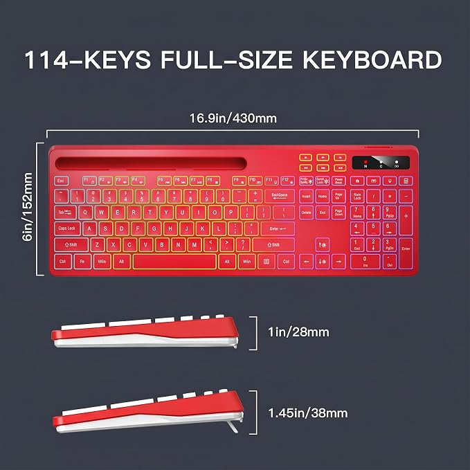 Soueto Wireless Keyboard with 7-Color RGB Backlit, Full-Size Computer Keyboard with Phone Tablet Holder, 2.4G Rechargeable Gaming Keyboard with Light Up Keys, Compatible with Mac, Windows (Red) - Image 8