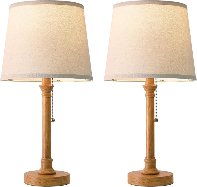 19.5" Wood Grain Rustic Table Lamps Set of 2 for Living Room Bedroom | Pull Chain Switch Bedside Table Lamps, White Linen Shade, Small Desk Lamp for Living Room, Bedroom, Home Office, Nursery - Image 9