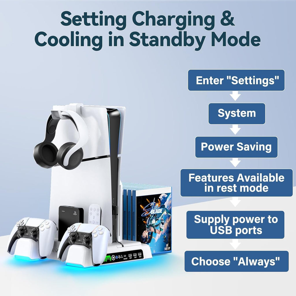 PS5/Slim/Pro Stand and Cooling Station with LED Controller Charging Station for PlayStation 5 Console, Controller Charger, Cooling Stand, PS5/Slim/Pro Skin Accessories Kit with 3 Level Cooler Fan - Image 6