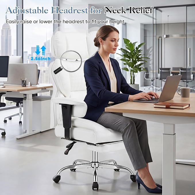 DUMOS Big and Tall Home Office Desk Chair, Executive Chair with Footrest | PU Leather, Ergonomic Comfy Lumbar Support, High Back Reclining, Adjustable Armrests, White - Image 5