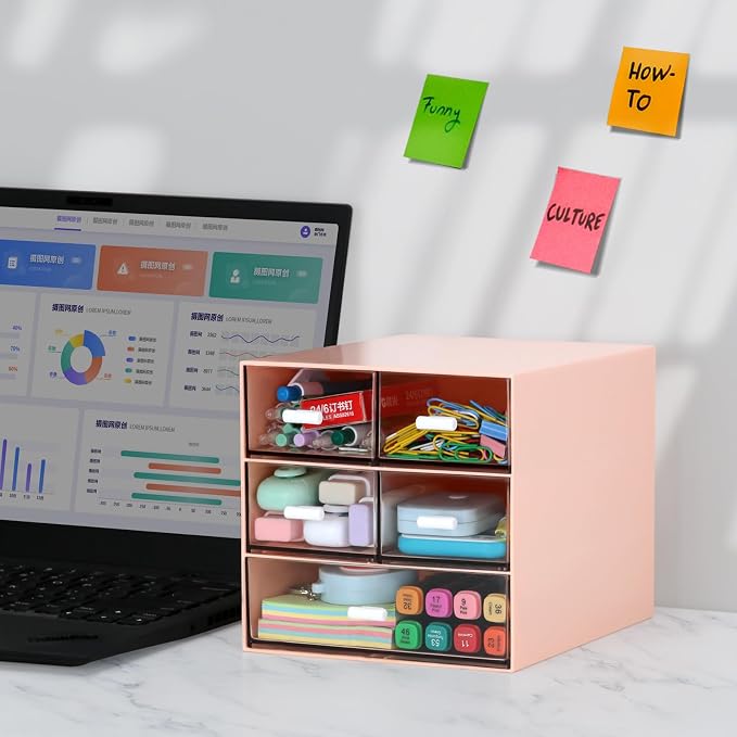 Desk Organizer with 5 Drawers, Rectangular Office Stationery Supplies Desktop Drawers, Plastic Makeup Storage, Suitable for Office, School, Home (Pink & 5 Drawers) - Image 4