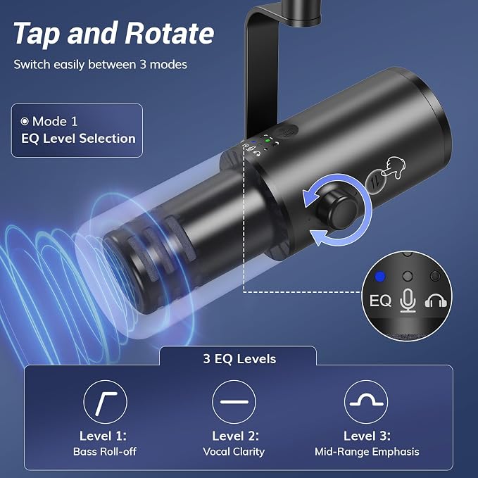 TONOR Dynamic Podcast Microphone for Studio, Cardioid XLR/USB Mic, AI Noise Cancellation, Tap Mute, 3.5mm Headphone Jack for Monitoring, Volume Control, Microfono with Desktop Stand, Black, TD510 AIR - Image 3