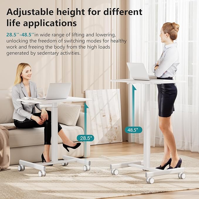DUMOS Mobile Rolling Desk with Wheels Adjustable Height | Small Standing Desks Portable Laptop PC Table, Computer Workstation for Home Office Small Space, White - Image 4