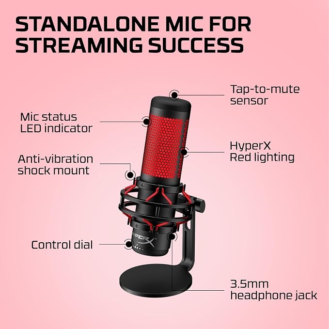 HyperX QuadCast - USB Condenser Gaming Microphone, for PC, PS4, PS5 and Mac, Anti-Vibration Shock Mount, Four Polar Patterns, Pop Filter, Gain Control, Podcasts, Twitch, YouTube, Discord, Red LED - Image 6