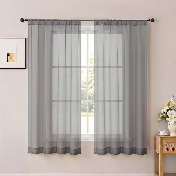 Charcoal Grey Sheer Curtains 63 Inch Length for Living Room 2 Panels | Light Filtering, Rod Pocket, Soft Airy Voile Sheer, Bedroom Window Treatments, Airy Soft Fabric,2 Pcs Each 42"W X 63"L by OWENIE