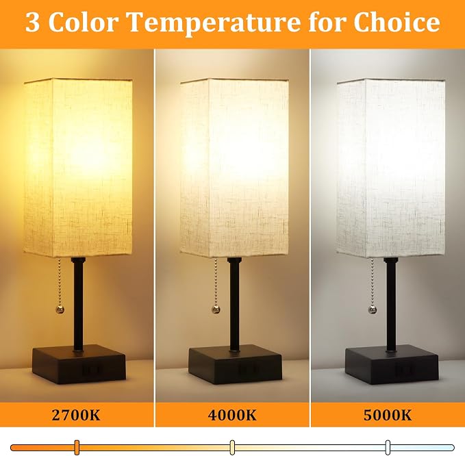 Table Lamp for Bedroom set of 2,3-Color Bedside Lamps with Pull Chain | Table Lamps for Nightstand with AC Outlets,Night Light Lamps for Living Room Kids Office Decor（Black+Cream） - Image 3