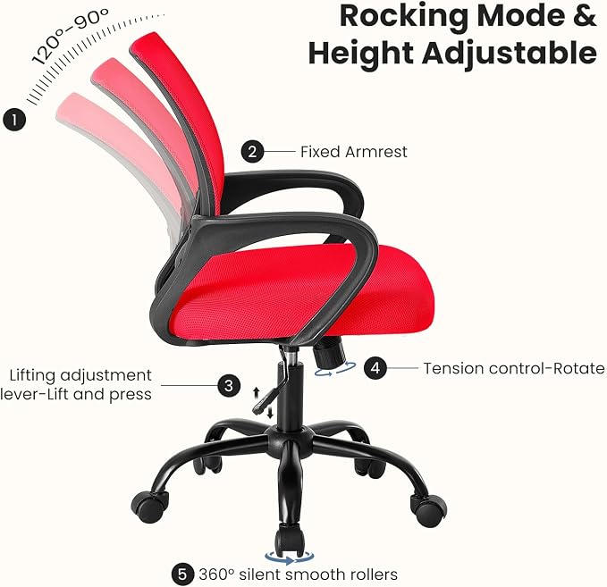 DUMOS Ergonomic Office Chair, Mid-Back Executive Desk Chair 2 Pack | Comfortable Lumbar Support, Breathable Backrest, Fixed Armrest, Height Adjustable, 360° Swivel, Computer Gaming, Red - Image 5