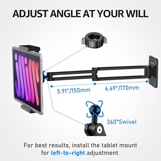 Dual Arm Tablet Wall Mount Ipad Holder, 4.7-13" | 360° Rotation Adjustable, Aluminum Extendable Arm, For iPad mini/Air/Pro/Galaxy Tab/Kindle, Kitchen Home Office - Image 2