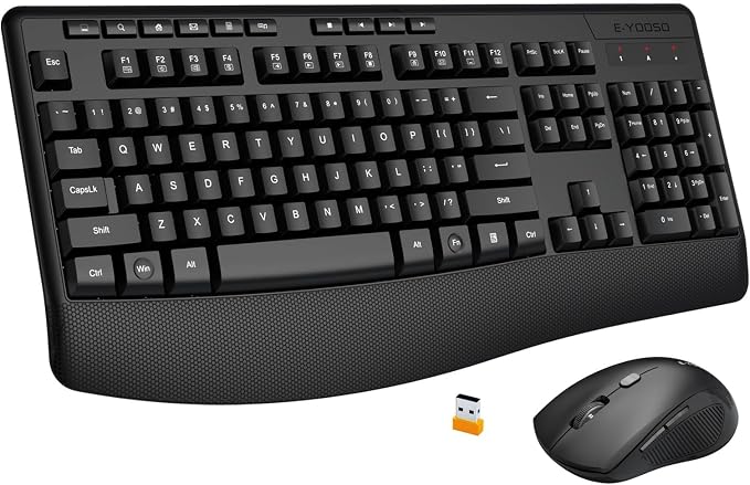Wireless Keyboard and Mouse Combo,Soft Touch Quiet Keyboard Less Noise 90% | Ergonomic With Wrist Rest,2.4GHz 104 Keys Full Size,2400 DPI Mouse,For Office/Work/Home/PC Computer/Laptop,Black by E-YOOSO