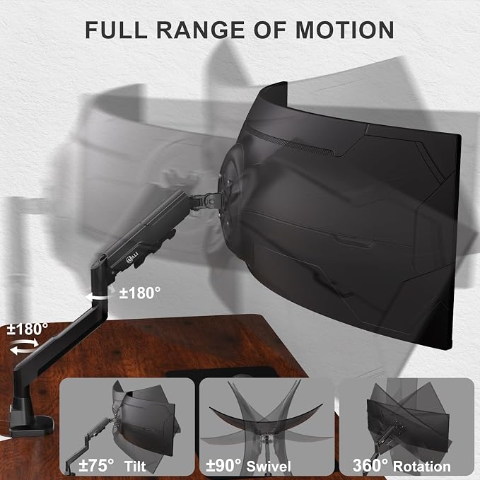 WALI Ultrawide Single Monitor Arm for 17-49 inch Curved Screen, up to 33lbs | Heavy Duty Monitor Desk Mount, Full Motion with Tilt, Swivel, Rotation, C-Clamp/Grommet Base, VESA 75/100mm (GSM001XLN),Black - Image 5