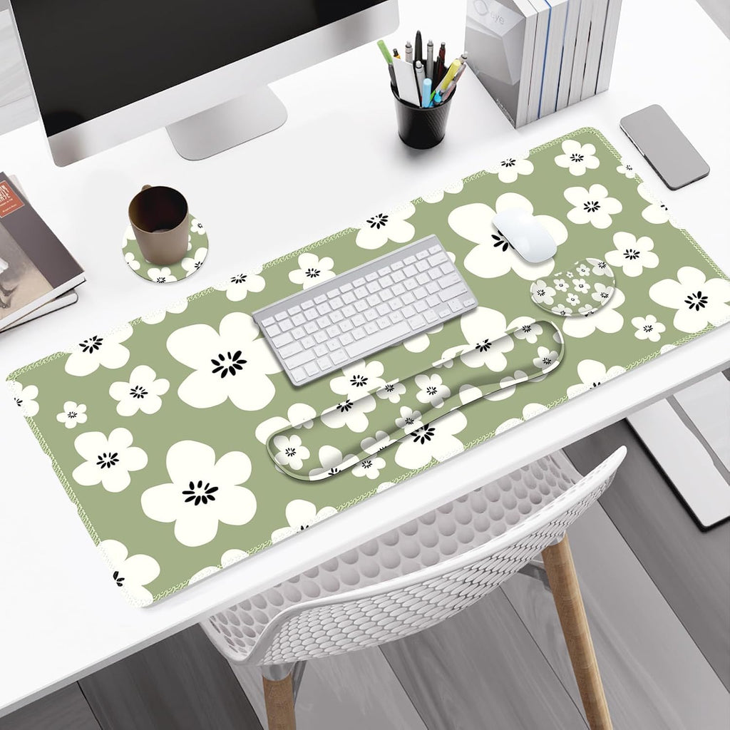 Large Gaming Mouse Pad Set, 4 in1 Ergonomics Keyboard Desk Mat w/Memory Foam Wrist Rest, Computer Extended Game Mousepad, Non-Slip Desk Matt Pad Easy Typing Pain Relief I Green Lucky Florals - Image 2