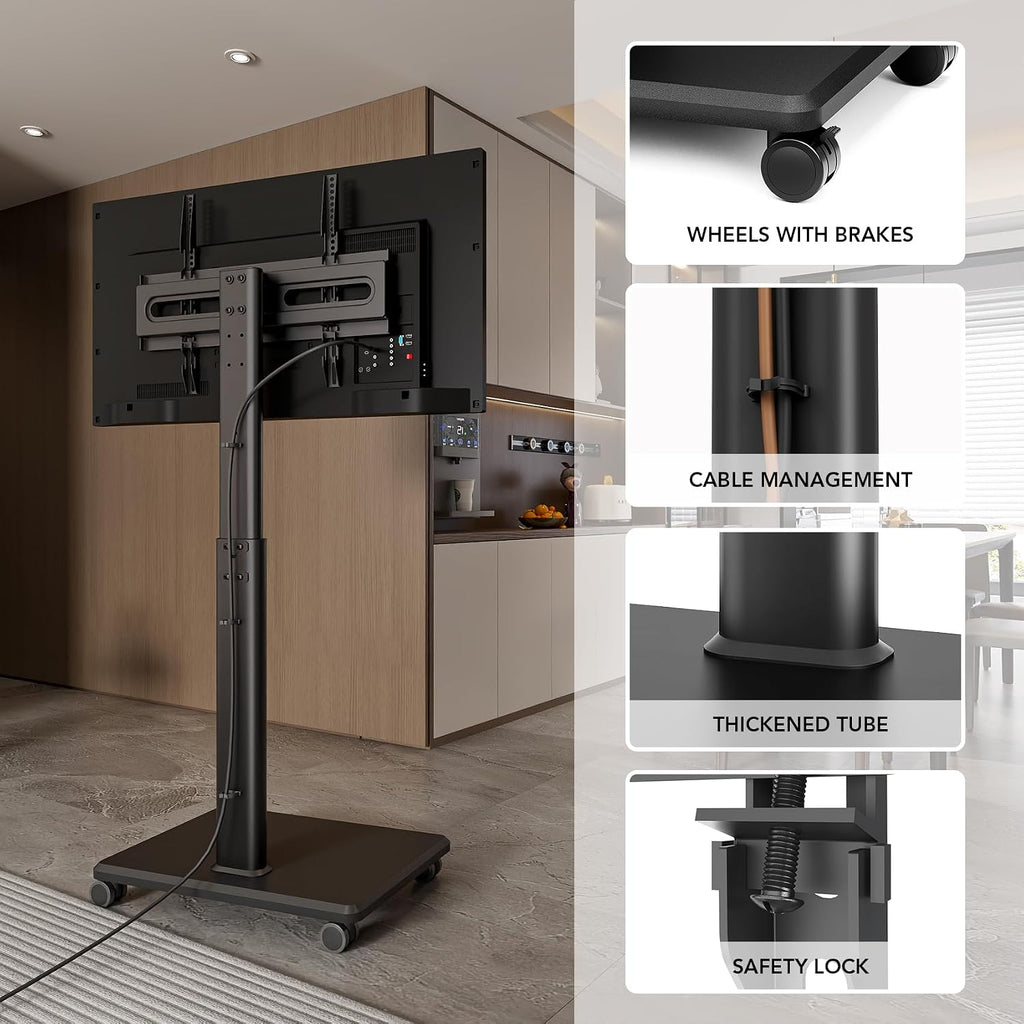 Universal Floor TV Stand, Portable Rolling Floor TV Mount with Wheels, 80 Degree Swivel Height Adjustable for 27 to 65 Inch LCD LED OLED, Holds up to 88 lbs Mobile TV Cart, Max VESA 400x400mm - Image 6