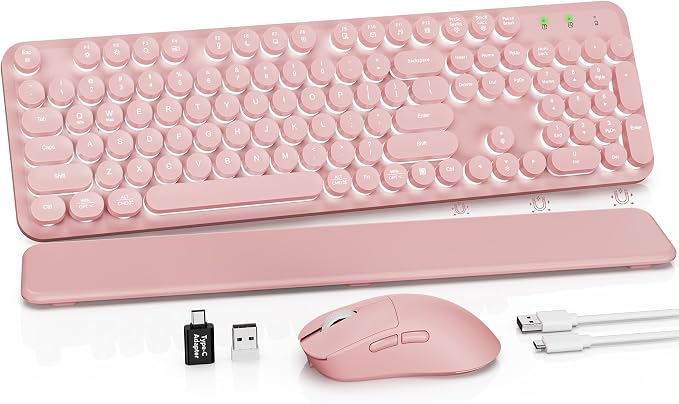Rechargeable Backlit Wireless Keyboard and Mouse Combo, Retro Typewriter Keyboard with Magnetic Wrist Rest, Light Up Letters, 2.4GHz Cordless Connection for Mac, Windows PC, Laptop (Glowing Pink) by SABLUTE