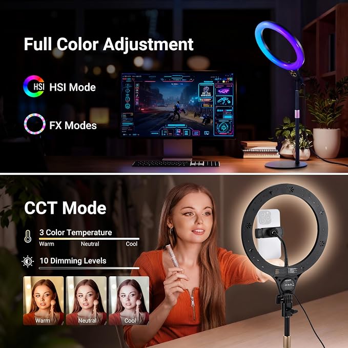 NEEWER ENTRY LEVEL VERSION N37 10.5" RGB Ring Light with Desktop Stand/Phone Holder Compatible with iPhone/Remote, 10W CRI85+ LED Lighting for TikTok YouTube Streaming Recording Laptop Zoom Video Call - Image 4