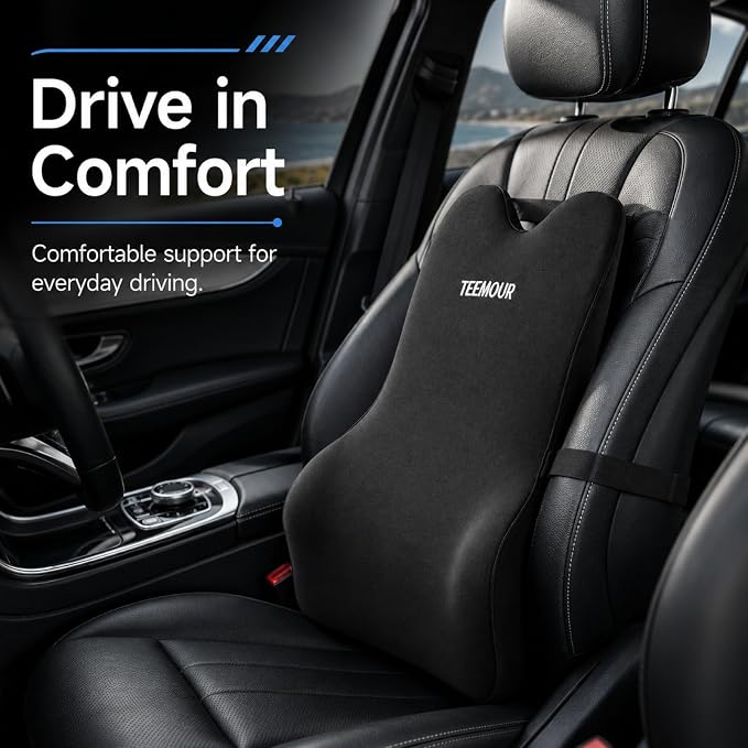 Teemour Lumbar Support Pillow for Car Seat, Memory Foam Back Support Pillow with Adjustable Straps, Medium Soft Car Back Cushion for Driving, Truck, SUV, Office Chair, Black - Image 3