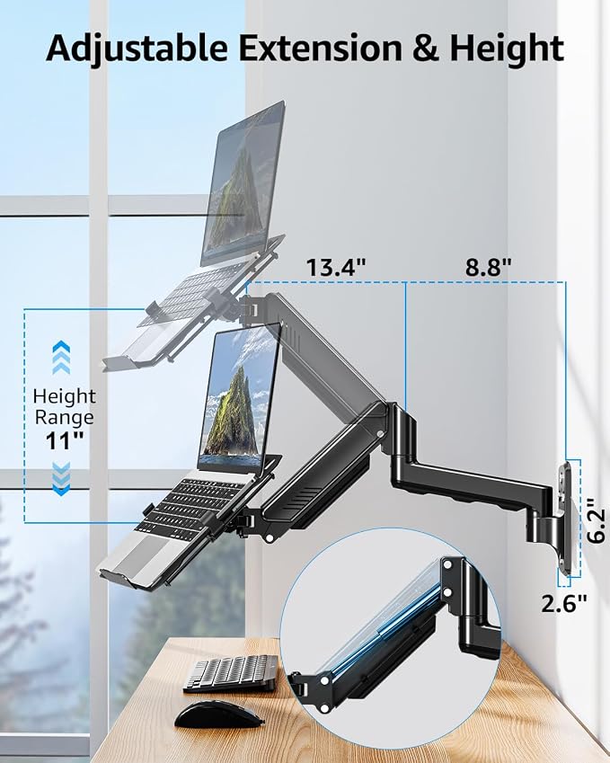 MOUNTUP Laptop Wall Mount, Adjustable Laptop Mount for Max 17" Notebook or Max 32" Monitor, Wall Mount Laptop Holder Holds 4.4-22lbs, 2-in-1 Laptop Arm with Ventilated Tray - Image 4