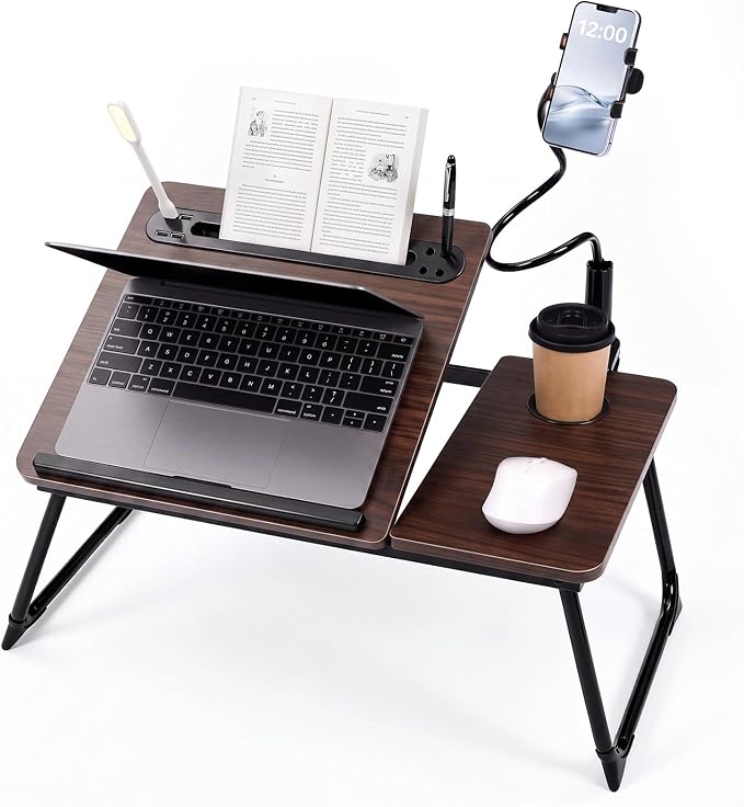 Nuanchu Walnut Wood Color 2 Pcs 23.6 in Laptop Desk for Bed with Adjustable Stand, Lap Desks for Adults, Bed Tray with Drawer & Phone Holder, Dorm Room, College Dorm (5 Gears) by Nuanchu