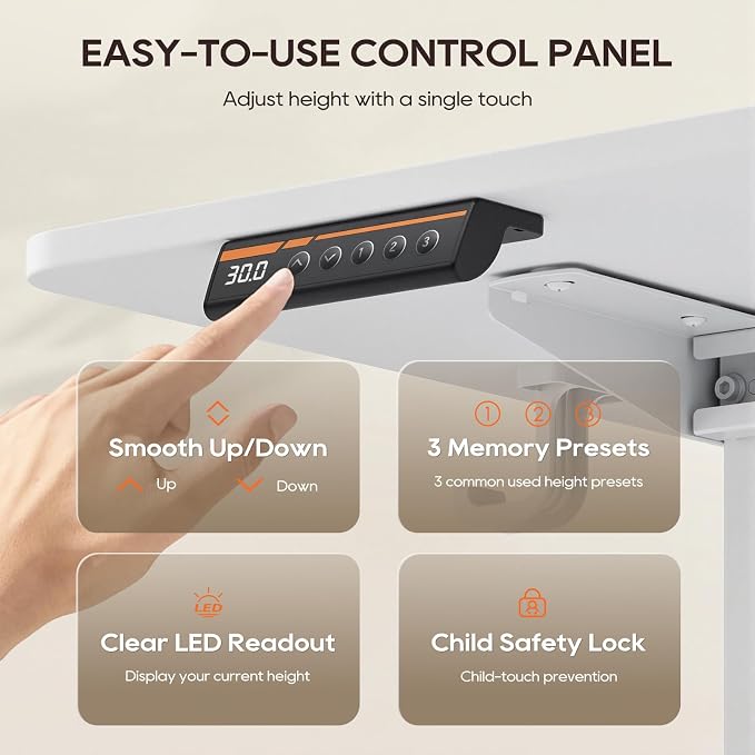 MALOL 47" x 24" Electric Standing Desk with Adjustable Footrest, White | Height Adjustable Computer Home Office Gaming Desk with 3 Memory Presets & Child Lock, Adjustable Feet, Cable Management - Image 9