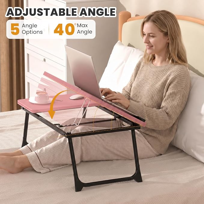 Laptop Bed Desk, 5-Angle Adjustable Bed Laptop Table with Cup Holder | Foldable Laptop Stand for Couch & Sofa, Portable Laptop Tray for Adults Writing Reading Eating, Pink - Image 3