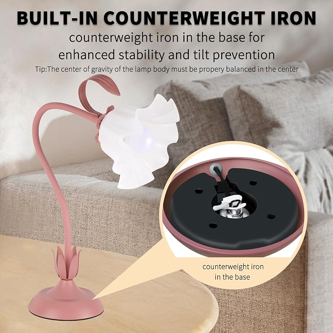 Cute Flower Desk Lamp, 3 Color Temperature Table Lamps with LED Bulb, Vintage Bedside Lamp, Reading Lamps with Soft Light for Bedroom, Living Room（Pink） - Image 6