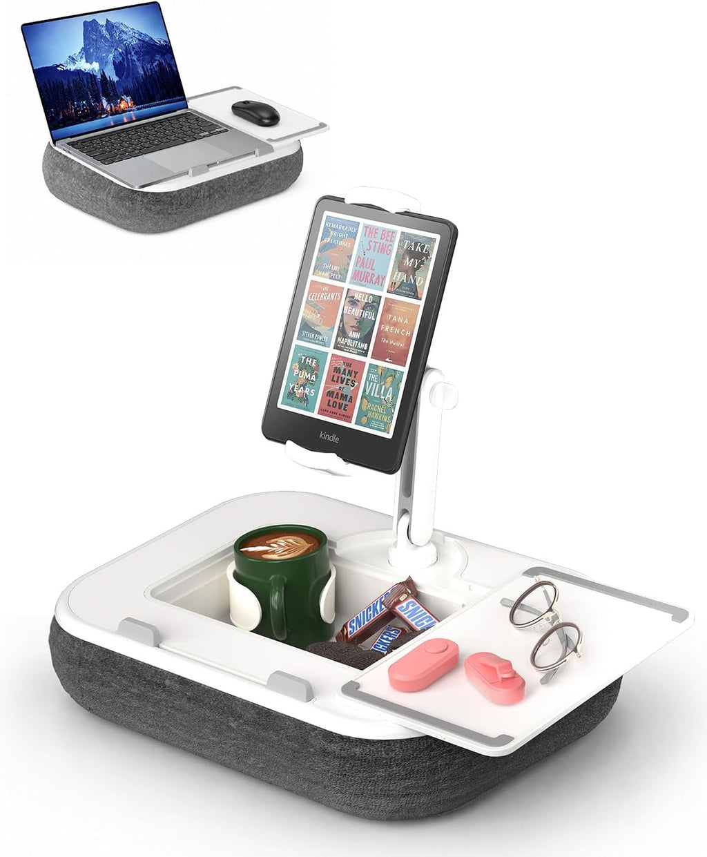 Viozon Kindle Pillow Stand Holder, Phone Holder for Bed, Laptop Lap Desk with Mouse Pad,Compatible with 4.7-13" Kindle/Tablet/Phone,10-15" Laptop, Snack Bowl&Cup Attachment&Detachable 360°Stand Arm by Viozon