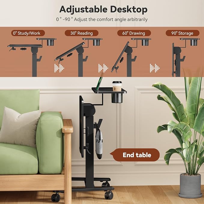 28" Mobile Standing Desk, Tiltable Top with 2-Tier Shelves, Black | Pneumatic Rolling Desk, Adjustable Height Computer Workstation, Sit Stand Portable Drafting Table & Laptop Cart on Wheels - Image 6