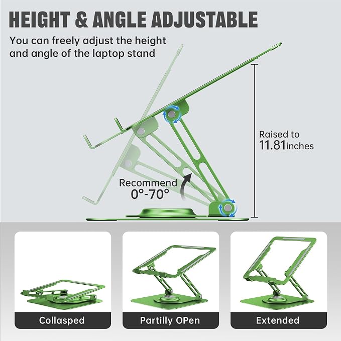Laptop Stand for desk(360°Rotating),Aluminum laptop Riser for 10-16"Laptops | Adjustable Multi-Angle Ergonomic Laptop Stand, Foldable Portable for Home Office, Fits MacBook Air Pro Dell HP Laptops - Image 3