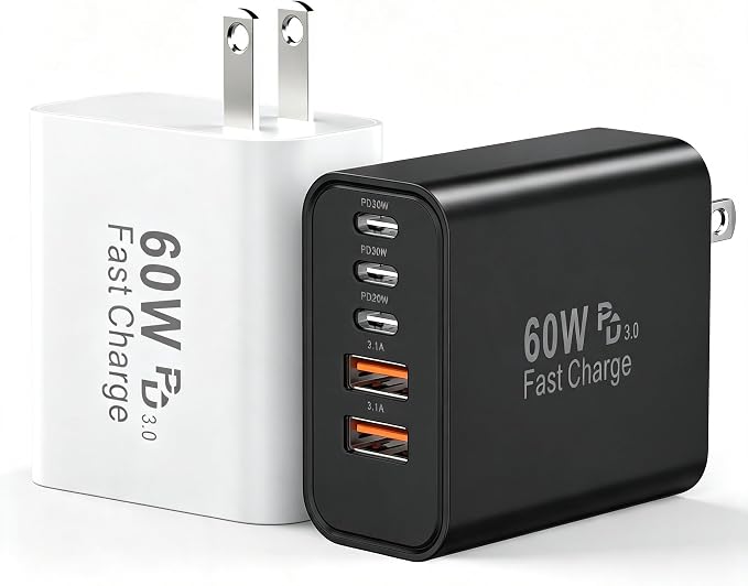 USB C Fast Charger Block, 60W 5-Port USB C Wall Charging Blocks, Type C Charger Fast Charging Brick, 3USB C+2USB A PD&QC3.0 Multiport Charger Plug for iPhone 17/16/15/14/13 Pro Max, Pad, White+Black by Duloch