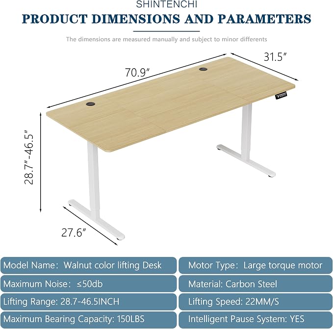 Shintenchi Standing Desk, 71x31 Inch Height Adjustable Electric Sit Stand up Desk, Ergonomic Rising Computer Table, Modern Lift Gaming Desk Workstation for Home Office, Walnut and White - Image 2
