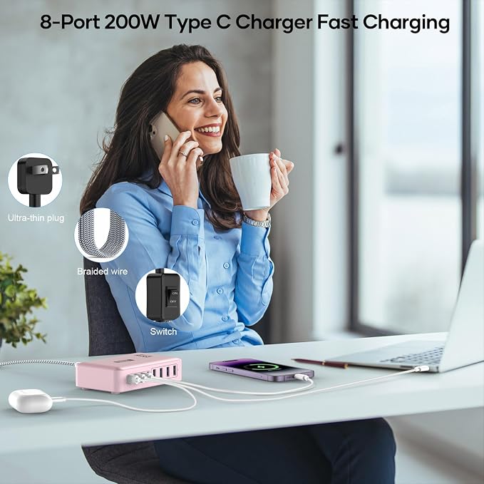 8-Port USB C Fast Charger Block 200W with Flat Plug, Braided Power Cord, and On/Off Switch- USB Charging Hub for iPhone, iPad, MacBook and More- 65W C Port Power Adapter for Laptops - Image 2