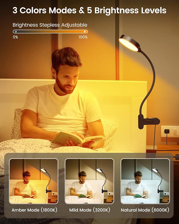 Glocusent 5W Clip on Light, 3 Colors & 5 Brightness Reading Light for Bed | Flexible Gooseneck Clip on Lamp, 30-Min Timer, Reading Lamp, Perfect Desk Lamp for Dorm,Bunk,Bed,Headboard,Table,Work,Craft - Image 3