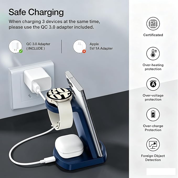 Wireless Charger for Samsung/Android, HOLYJOY 3 in 1 Fast Charging Station/Stand/Multi Charger for Samsung S26 Ultra/S25/Note 20, Travel Pad for Galaxy Watch 8/7/6/5/Active 2, for Buds(Blue) - Image 5