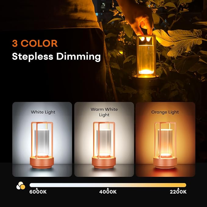 Rechargeable Cordless Small Metal Table Lamp, Stepless Dimming, 3-Color | Gold, 2600mAh Battery, Portable LED Desk Light, Cute, Suitable for Indoor/Outdoor/Restaurant/Bedroom/Bar/Coffee/Camping - Image 4