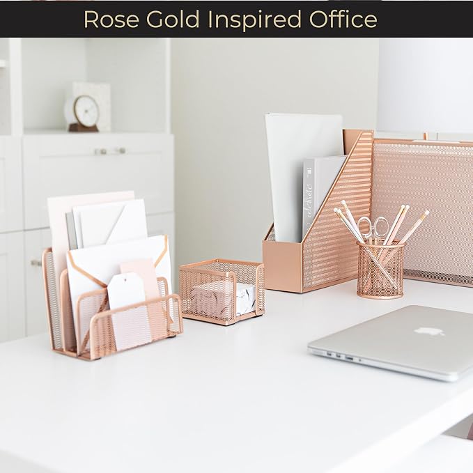 BLU MONACO Rose Gold Metal Mesh Letter Sorter | 3-Slot Vertical Mail Organizer for Desk, Office and Home | Compact Mail Holder for Envelopes, Documents and Files | Modern Desktop Organizer - Image 3