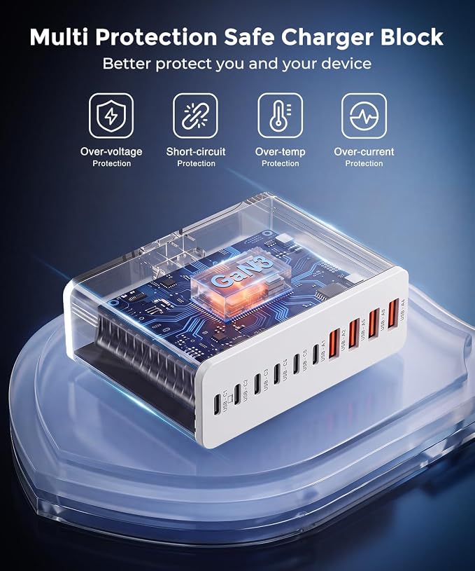 USB C Charging Station 10 Port with 4 Cables,245W GaN Charger Block | Type C Wall Charger Power Strip Adapter Plug for iPad iPhone17 16 15 14 13 12 Pro Max Pixel Note Galaxy White - Image 3