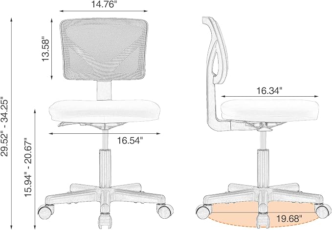 Sweetcrispy Small Armless Desk Chair, Mesh Rolling Office Chairs | Adjustable Ergonomic Lumbar Support, Low-Back, Swivel Wheels, Home Work, Bedroom, Study, Student, Adults, Classic Black - Image 3