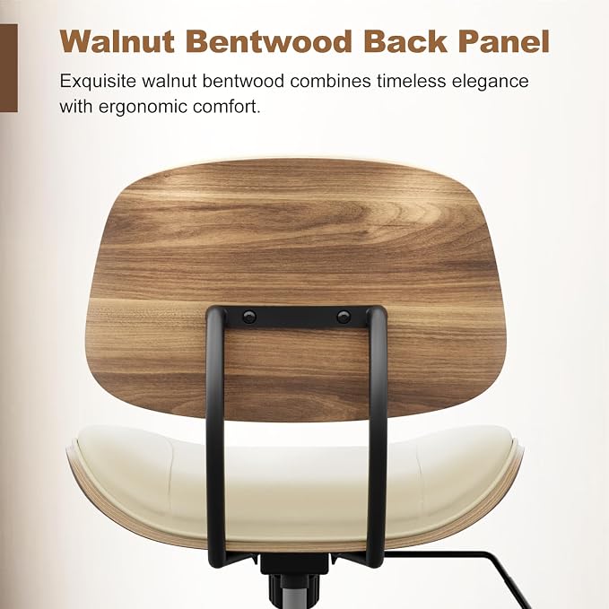 Armless Office Chair with Wheels, PU Leather Desk Chair, Beige | Adjustable Height Task Chair, 360° Swivel Ergonomic Computer Chair for Small Space, Modern Walnut Style, Home & Meeting Room - Image 5