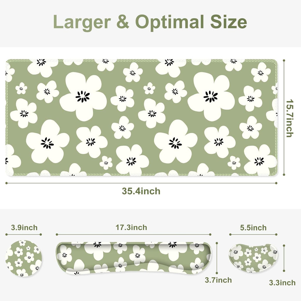 Large Gaming Mouse Pad Set, 4 in1 Ergonomics Keyboard Desk Mat w/Memory Foam Wrist Rest, Computer Extended Game Mousepad, Non-Slip Desk Matt Pad Easy Typing Pain Relief I Green Lucky Florals - Image 6