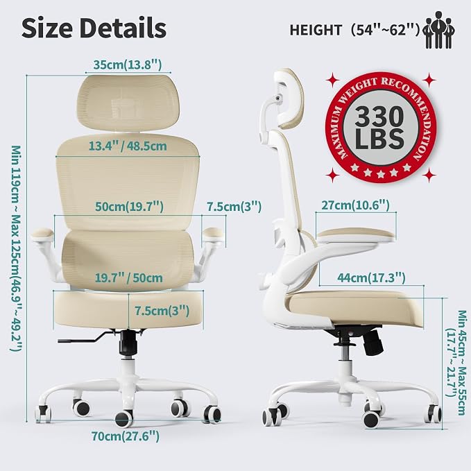 TRALT Office Chair Ergonomic Desk Chair - Gaming Chair with Lumbar Support | 330 LBS Home Office Desk Chairs with Headrest, Reading Chair with Flip-up Armrests, Comfortable Computer Chairs (1, Beige) - Image 2