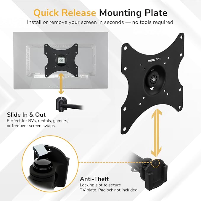 Mount-It! Full Motion TV Wall Mount Bracket for 13-42” Screens – 18" Articulating Arm, Quick Release Plate, Tilt Swivel Rotate, Anti-Theft Lock, Single Stud Install, Supports 44 lbs, VESA 75–200 - Image 7