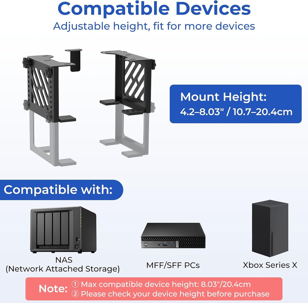 Metal Under Desk Mount for NAS Adjustable Mounting Bracket for Desktop NAS 1/2/4 Bay Network Attached Storage Under Desk Holder for NAS/Small PC/SFF Desktop Tower/CPU/UPS and More with Cable Ties - Image 2