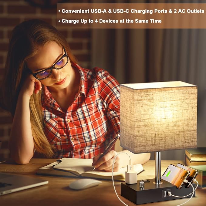 Beige Table Lamp for Bedroom - Stepless Dimmable, USB C+A, 2 AC Outlets | Dimming By Rotary Knob, USB C+A Ports, 2 Phone Stands, LED Bulbs Included, Rectangle Beige Lampshade, for Living Room, Desk - Image 5