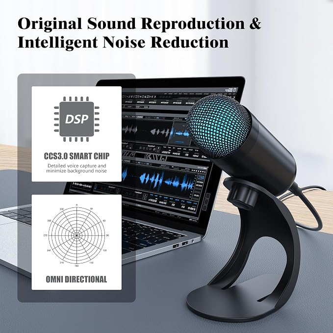 USB Computer Microphone, Podcast Mic Desktop with Mute Button for Recording Streaming, Color Change, Omnidirectional Condenser, Plug and Play with Stand for PC, Laptop, Mac, YouTube - Image 2