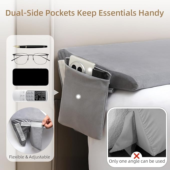 Vekkia Bed Wedge Pillow for Headboard Gap, Queen 60"x10"x8" with Pockets | Bed Gap filler,Two Angles&Heights, Pressure Lock Design Keeps in Place, High-Density Foam Fills Gaps (0-5.5"), Washable Cover - Image 6