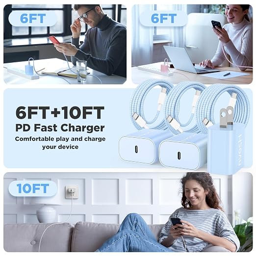 20W USB C Fast Charging for iPhone 17 Air/16/15 Pro Max,3Pack Colorful Mixed Charger Block with Braided Long USB C to C Cables (6/6/10ft) Compatible with iPhone16/15 Pro/15 Plus/iPad Pro - Image 6