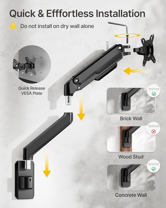 monTEK Single Monitor Wall Mount, Wobble-Free Spring, 17–32" Full Motion | Zero Clearance Wall Mount Retracts To 3.8" From Wall, Wobble-Free Mechanical Spring, Fits Wood, Brick & Concrete Walls - Image 9