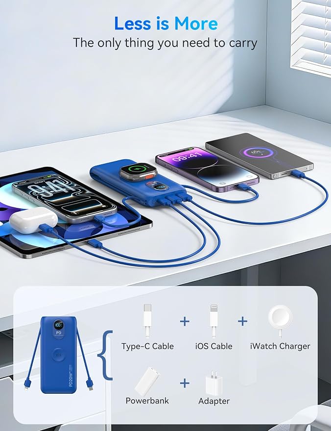 Portable Charger Power Bank 10000mAh PD20W w/Built-in Cables & AC Plug | Portable charger iphone,Fast charging, Built-in wall plug, LED display, Charge 6 devices at once, Pass through charging - Image 3