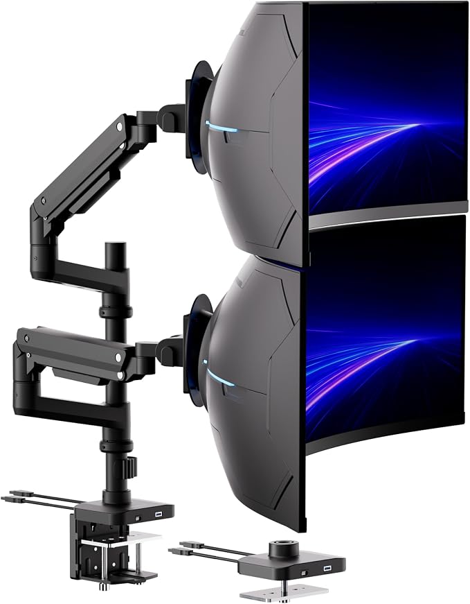 Mount-It! Proflex Series Stacking Dual Ultrawide Monitor Arm for 17–49” Screens, Height-Adjustable Pole, Heavy Duty Gas Spring, USB-C & USB 3.0, Full Motion, VESA 75/100, Clamp or Grommet | Height-adjustable pole with heavy-duty gas spring arms fits 17... by Mount-It