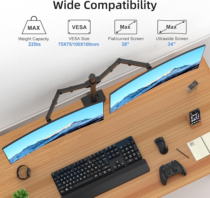Suptek Dual Monitor Arm Desk Mount,Ultrawide Dual Monitor Arm for 2 Monitor Screens up to 38 inches and Max 22lbs Each,Extra Tall 15.75" Pole Fully Adjustable Monitor Stand for Desk,Black(MD9442MB) - Image 3