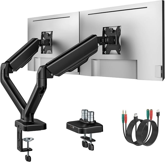 monTEK Dual Monitor Arm with USB Ports for 17-32" Screen up to 19.8 lbs | USB/audio ports for workspace, mechanical spring, full motion for flat/curved screens, clamp/grommet bases and VESA 75/100 by monTEK